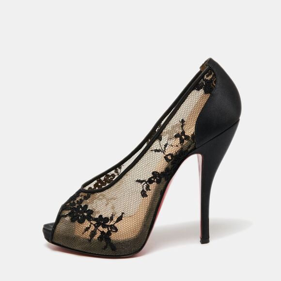 Christian Louboutin Black Lace and Satin Fetilo Peep-Toe Pumps Size 38 - Picture 1 of 4